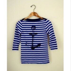 Hatley Womens Top XS Blue White Stripe Anchor Print Boat Neck Nautical Preppy